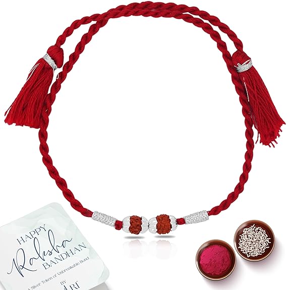 ZULRI 925 Sterling Silver Panchmukhi Double Rudraksha Rakhi for Bhai Cotton Thread | Rakshabandhan Rakhi with Greeting Card & Roli Chawal and Certificate of Authenticity 925 Silver