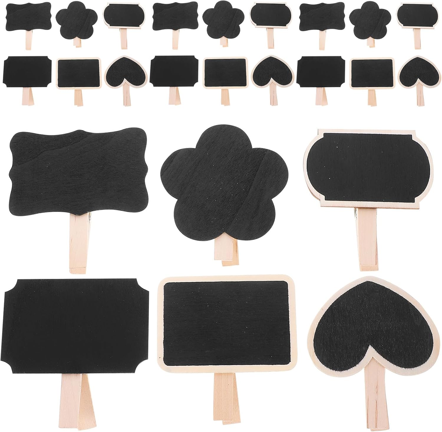 30pcs Wooden Blackboard Clips Mini Chalkboard Message Clamps with Writable Surface for Home Kitchen Memo Notes and Food Labels, Includes Heart, Rectangle, Lantern Shapes, Suitable