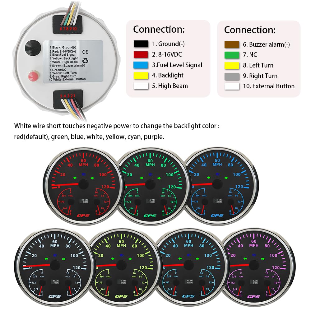 110mm Auto Gauge 3 in 1 GPS Speedometer 120MPH Odometer Fuel Level Voltmeter 12V with 7 Adjustable Backlights for Universal Boat Car Truck Motorcycles (Black&Silver)