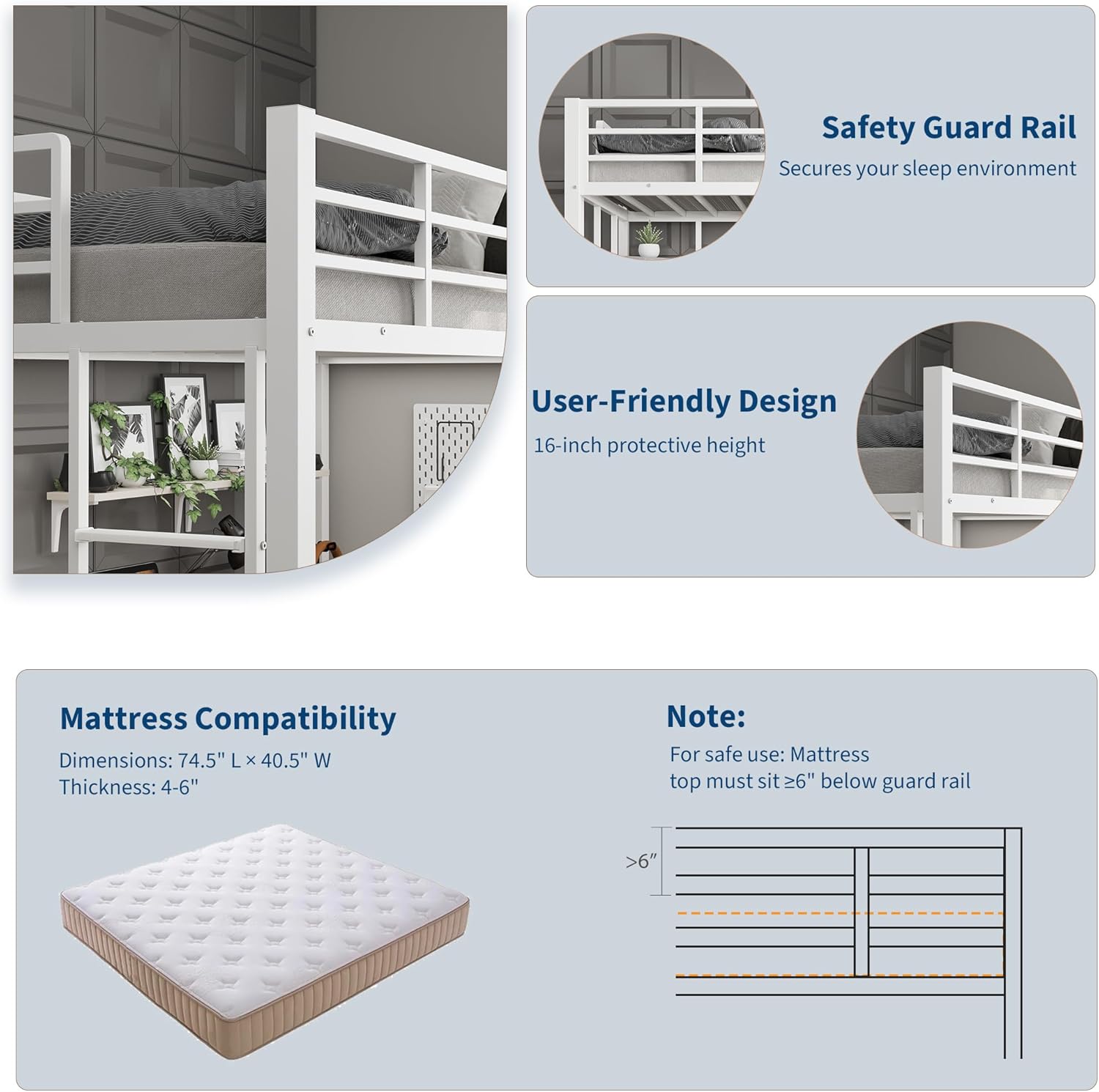 Diagram showing safety guard rail height and mattress compatibility for the Garvee Loft Bed.