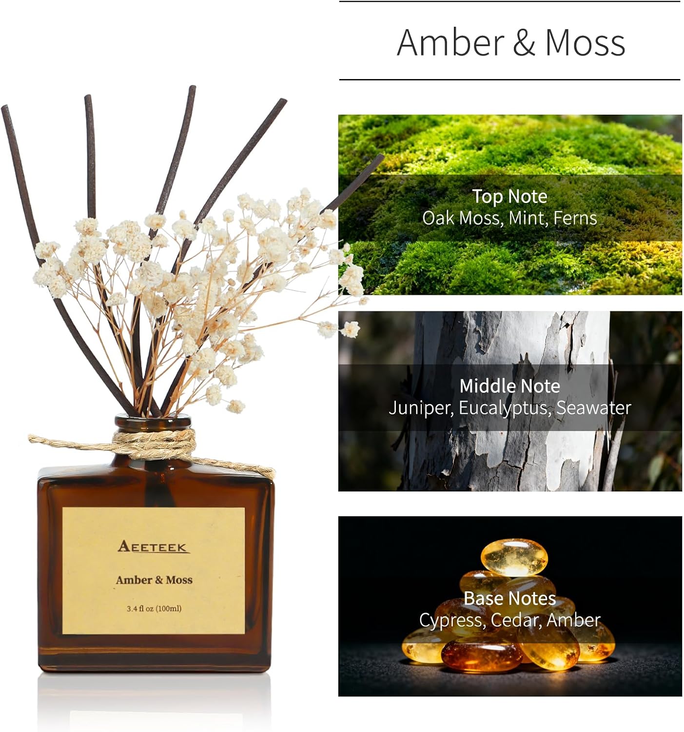 Reed Diffuser, Amber & Moss Essential Oil Diffuser with Dried Flowers, Linen/Citrus/Bamboo White Tea Scented Oil, Forest Aroma Essential Oils with Diffuser Sticks