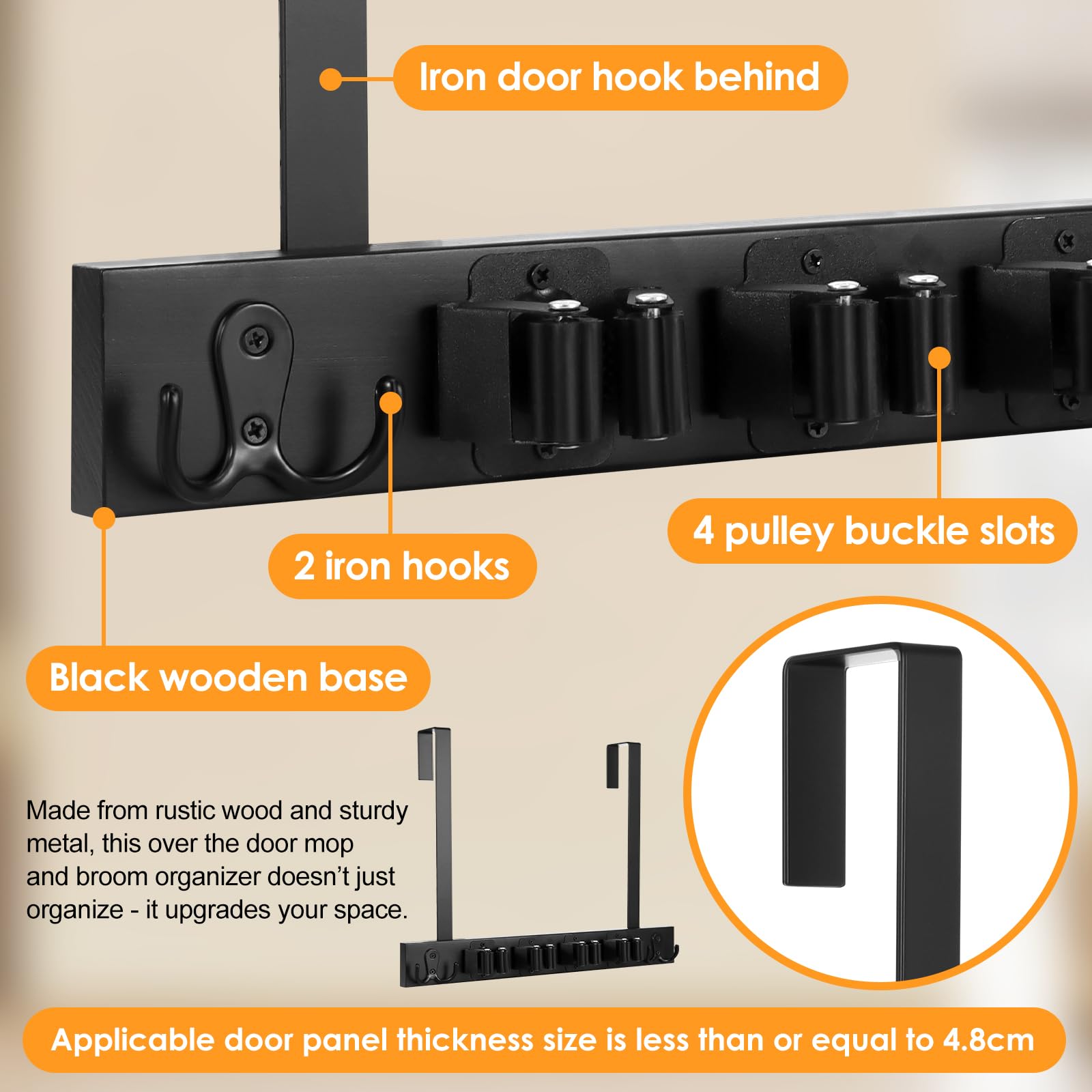 ZONJIE Broom Holder Wall Mounted, Over the Door Brooms Mop Holder, 5 Holders and 4 Hooks - Image 2