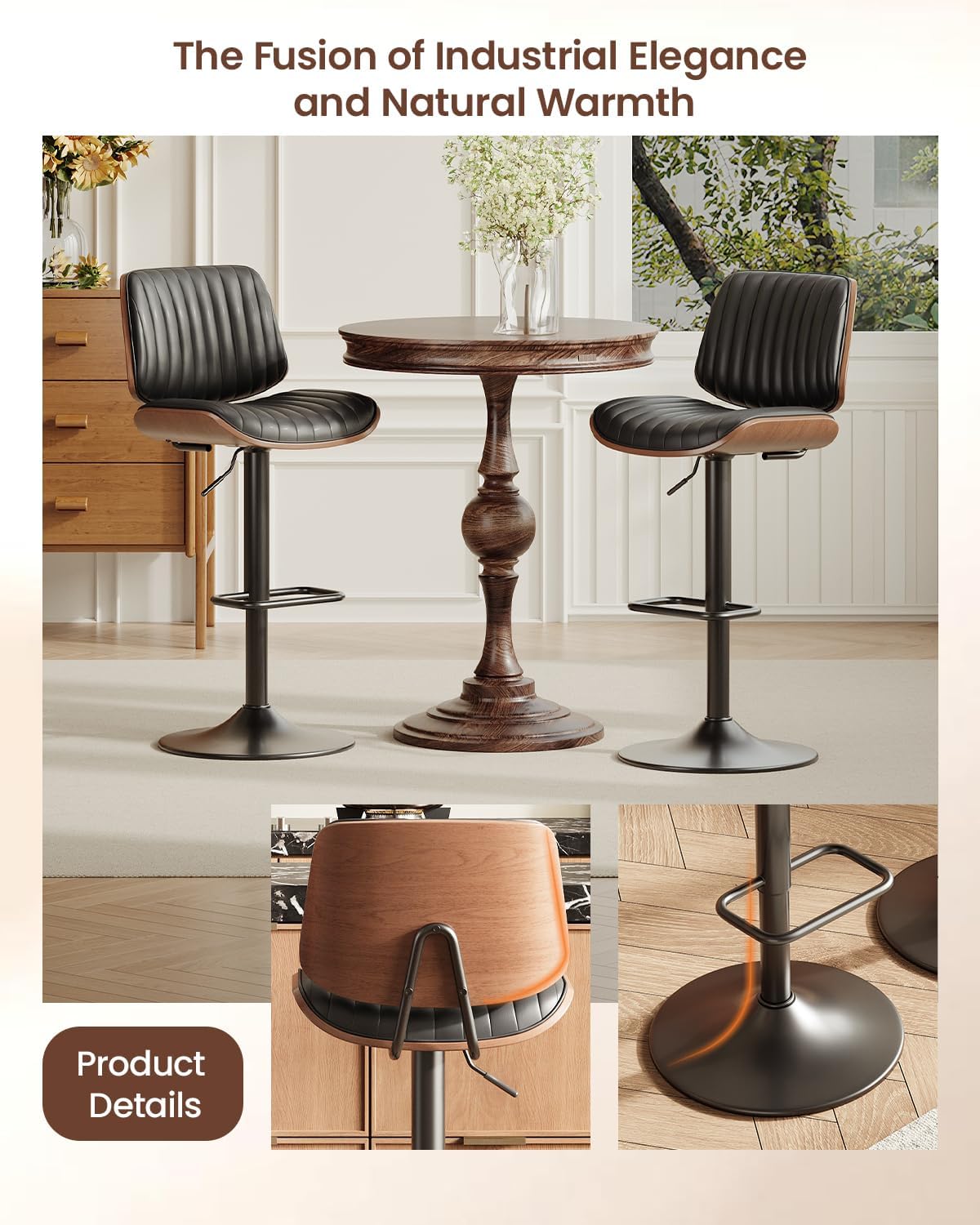 Bar Stools Set of 1, Adjustable Modern Swivel Bar Chairs 26-34.5inch with Footrests, Faux Leather Counter Height Barstools for Bar, Kitchen, Dining Room, Black