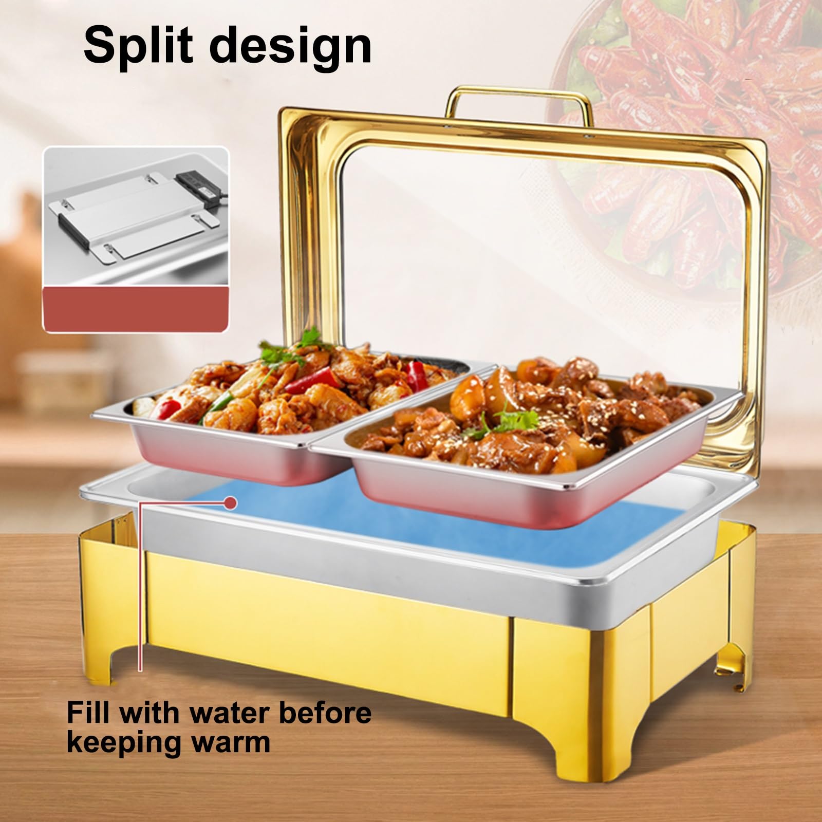 Chafing Dish Electrico de Acero Inoxidable Calentador de Buffet Eléctrico con Control de Temperatura y Tapa de Cristal Transparente para Buffet de Catering(9L/3)