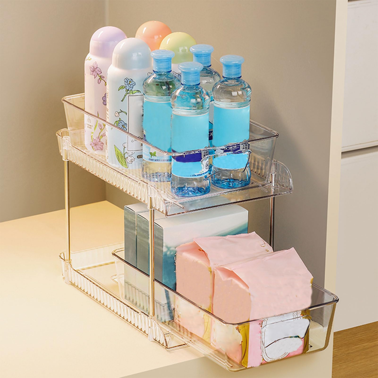 Organizzatore per Cassetti da Bagno Trasparente a 2 Livelli, Massimizza in Modo Efficiente lo Spazio di Archiviazione per la Sotto il Lavello, Scatola Portaoggetti in Plastica Resistente