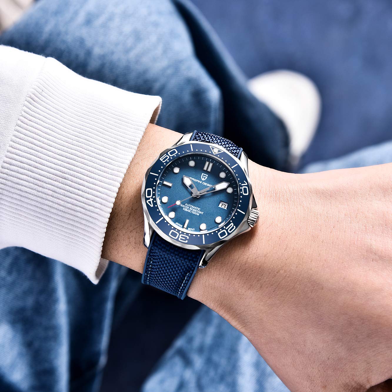 Pagani Design 007-Modell Herren-Automatikuhr, NH35 Uhrwerk, drehbar, Keramik-Lünette, Edelstahl, wasserdicht, selbstaufziehend, Armbanduhr