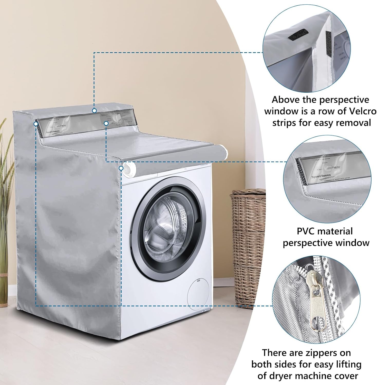 AKEfit 1 Pack Washing Machine Cover, Waterproof Dustproof Washer Dryer Cover with Zipper and Perspective Window ,Fit for Front Load or Top Washer and Dryer 27"Wx26"Dx43"H,Silver