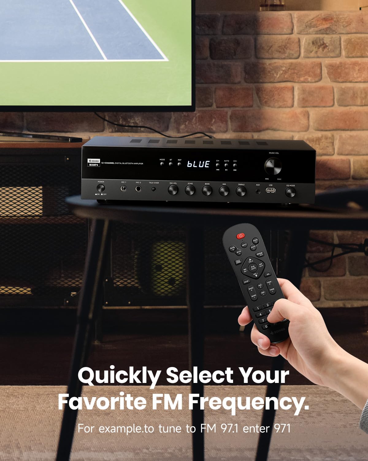 Donner Receptores Estéreo, Amplificador de Audio de 5.1 Canales con Bluetooth 5.3, óptico/Coaxial, USB, FM, 2 Entradas de Micrófono, Eco, RCA, para Altavoces de Casa, Karaoke y Cine en Casa, MAMP4
