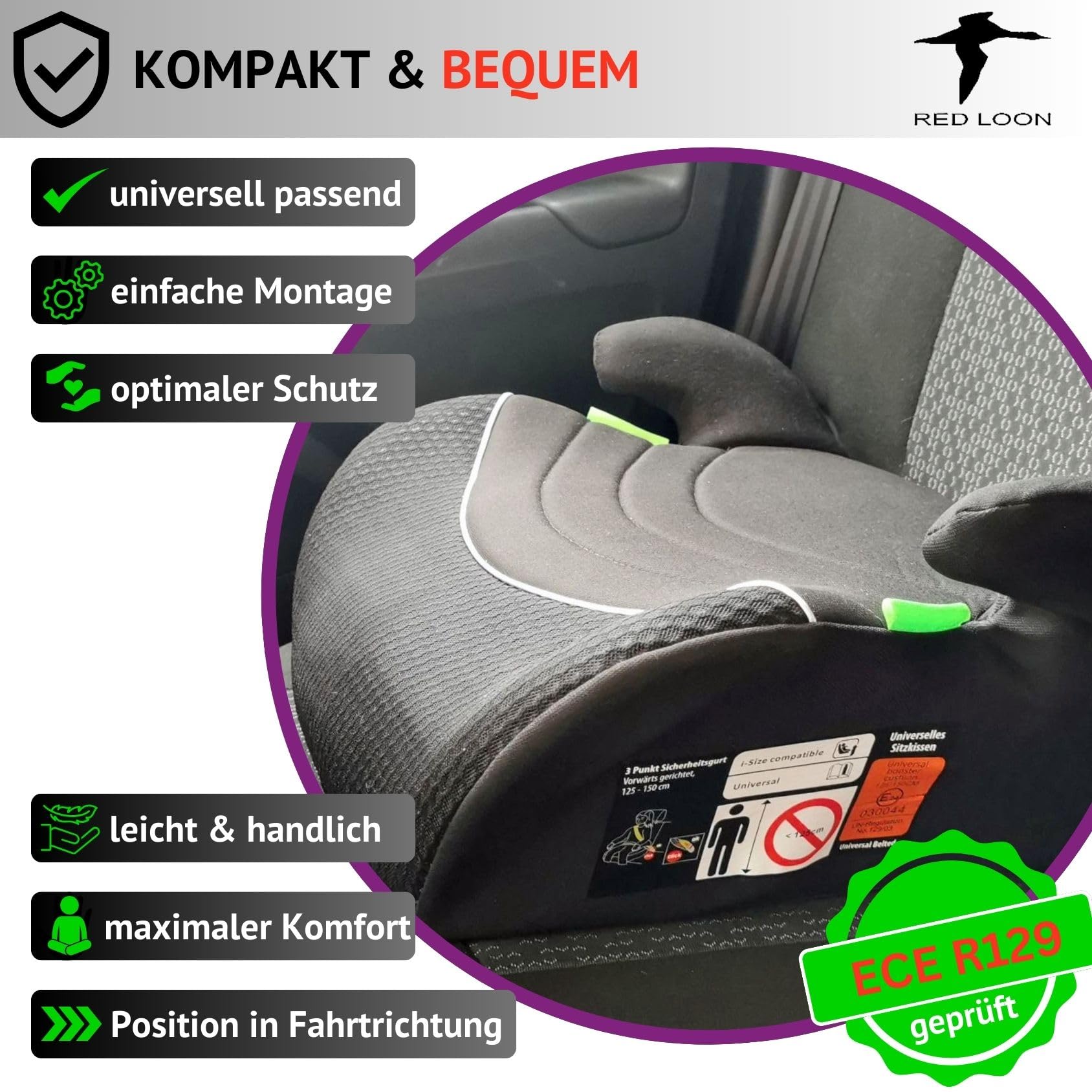 2x Sitzerhöhung Autokindersitz Kindersitzerhöhung - kompatibel mit Red Loon - Kindersitz Autositz 125-150cm - ECE R 129 - komfortabler Kindersitz Auto - Sitzschale universell