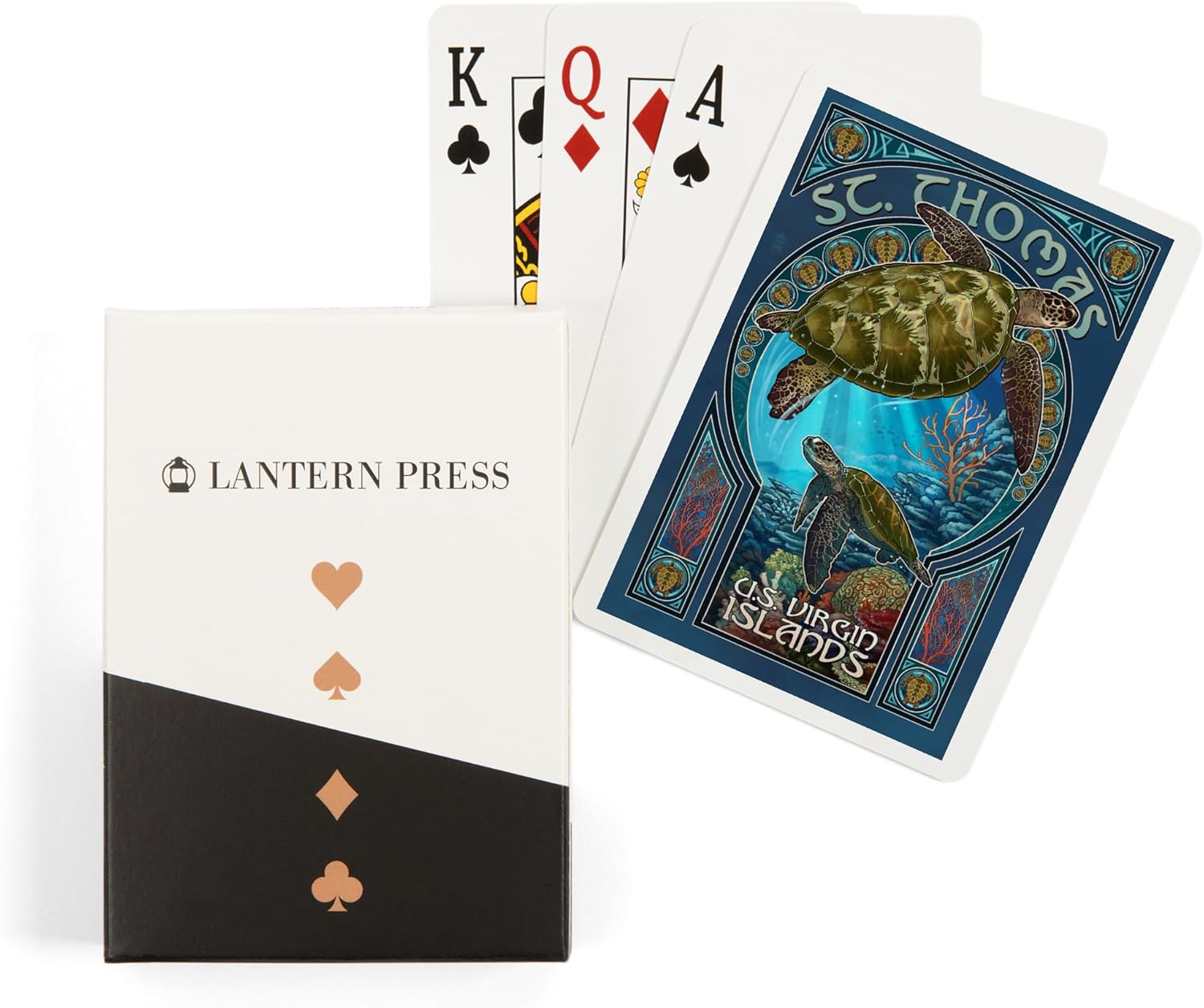 Lantern Press St. Thomas, U.S. Virgin Islands, Sea Turtle Art Nouveau, 52 Playing Cards for Adults, Poker Size Card Deck