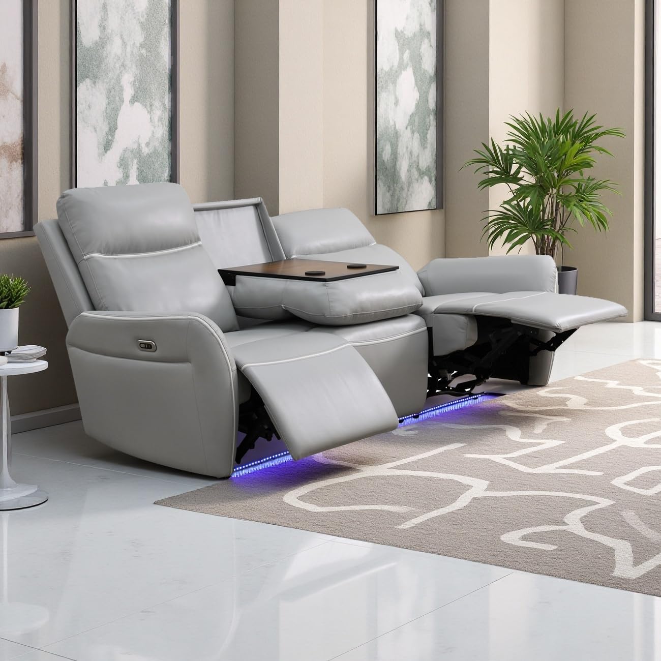 Leather Power Recliner Sofa Set, Living Room Furniture Sets, 3 Seater Breathing Leather Sofa Couch, Living Room Couch Set with Coffee Table/Charging for Home Theater/Office, Light Grey 3 Seat