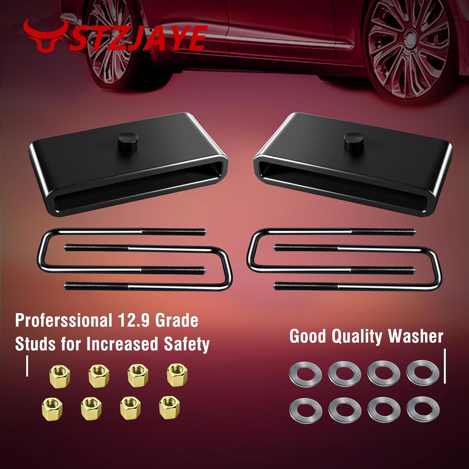 3'' Rear Lift Block Kits Compatible with Chevy Silverado 1500 1999-2024, 2pcs Lift Block with 4pc Extended Square Leaf Spring Ubolts for GMC Sierra 1500 1999-2024, 3inch Rear leveling Lift Set
