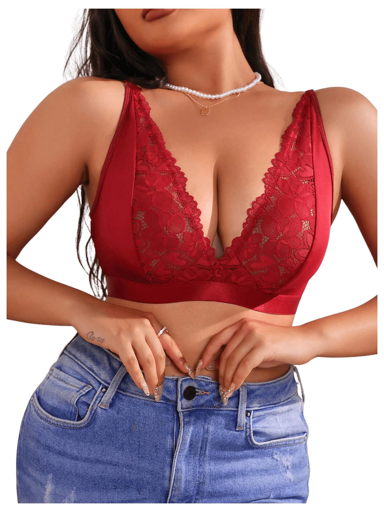MakeMeChic Women's Plus Size Lace Bralette Wireless Bra Deep V Neck Full Coverage Sheer Bralettes