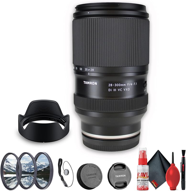 Tamron 28-300 mm f/4-7.1 Di III VC VXD Lente liviana para cámaras sin espejo (Sony E) (A074) + Kit de filtro + Protector de tapa + Kit de limpieza