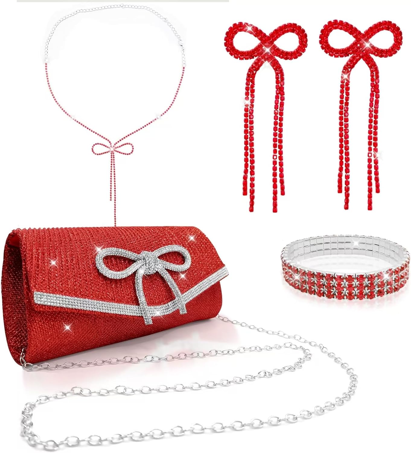 4 Pieces Bow Evening Sparkly Bags Clutch Purse for Women Handbags Wedding Party Cocktail Prom Rhinestone Bag