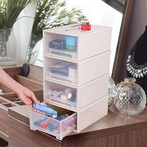 Miniatura 6 de Xyskin Paquete de 4 cajones apilables compactos de plástico de 12 cuartos de galón, caja apilable de almacenamiento de escritorio