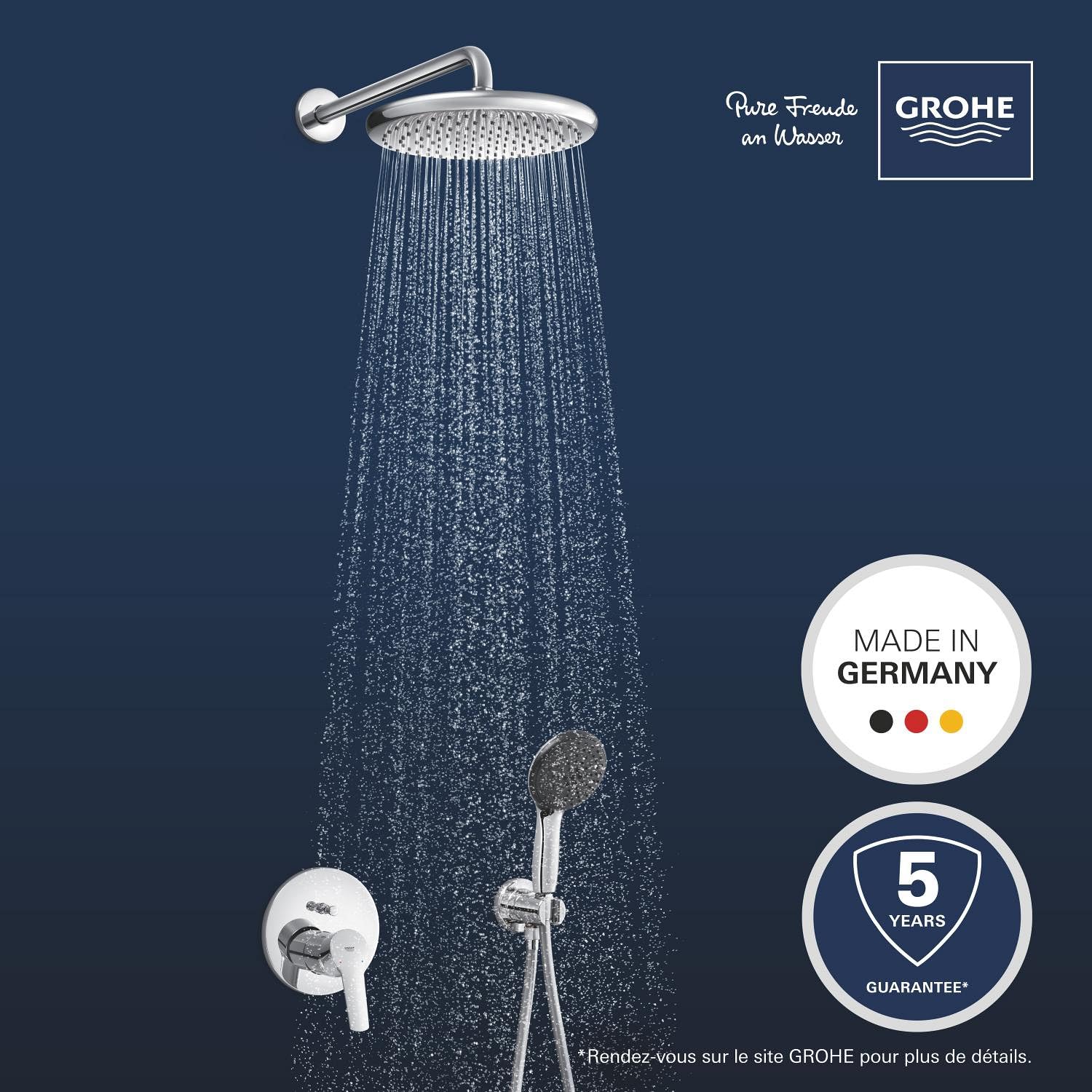 GROHE Start Ensemble de Douche Encastré 2 sorties, Douche de Tête Vitalio Start 25cm, Pommeau de Douche Vitalio Start 11cm 2 jets (Pluie/Stimulant), Support Mural, Flexible 1.5 m, Chromé, 25292000