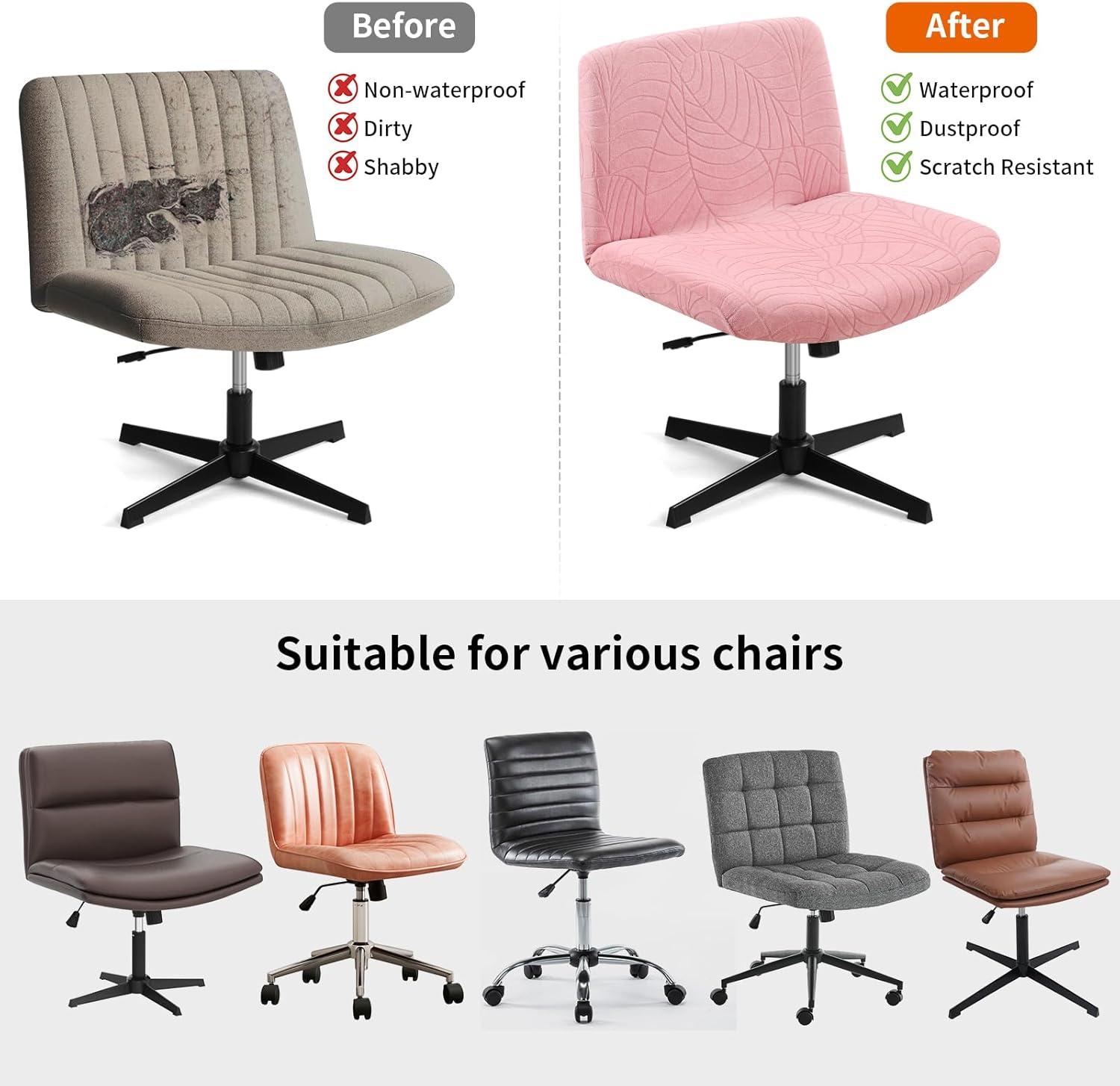 Fuloon Criss Cross Chair Cover, Waterproof, Stretchable, Solid Jacquard, Suited for Armless/Office/Desk/Mid Back Wide Seat/Computer/Task/Vanity/Accent Chair (Leaves -Shaped Jacquard, Pink)