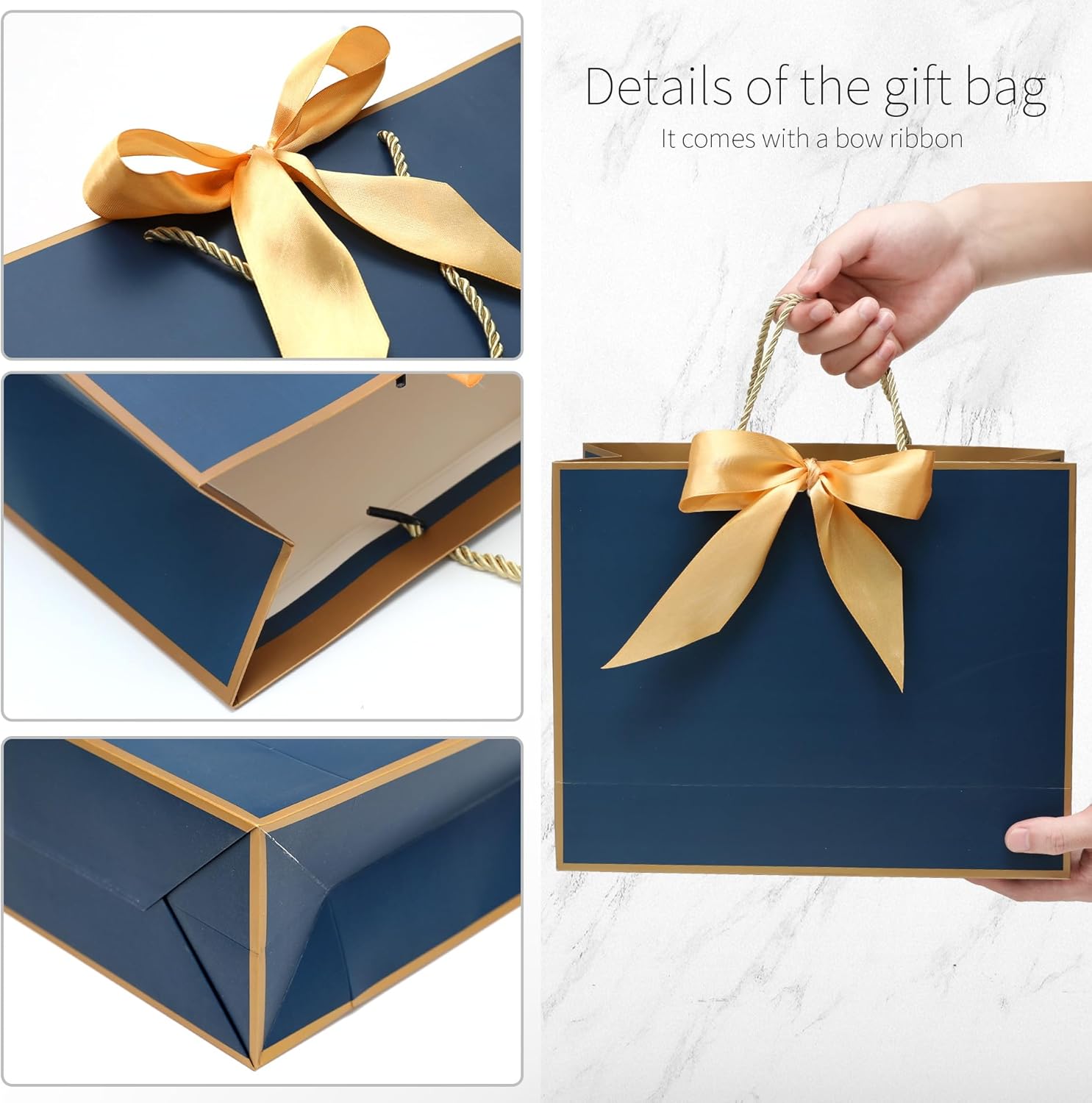 KeerxunBag Navy Blue Gift Bag 12-piece Set - High-end men's gift bag, including tissues, thank-you cards and golden bow ribbons, medium size, perfect Father's Day and birthday company gift