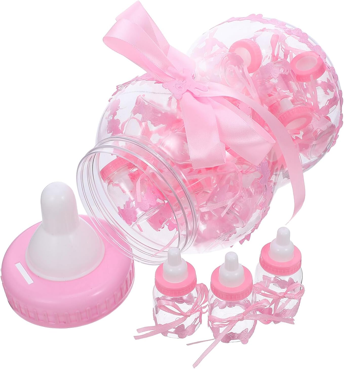 SUPVOX Shower Favor Candy Boxes Set with 30 Mini Milk Bottles, Pink Reusable Candy Containers for Party Favors and Money Bank, Suitable for Shower Decorations