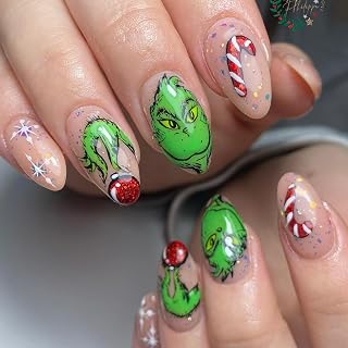 Christmas Press On Nails Medium Almond Fake Nails Winter Green Monster Snowflake False Nails with Xmas Candy Cane Designs Full Cover Acrylic Glitter Stick On Nails for Women 24 Pcs