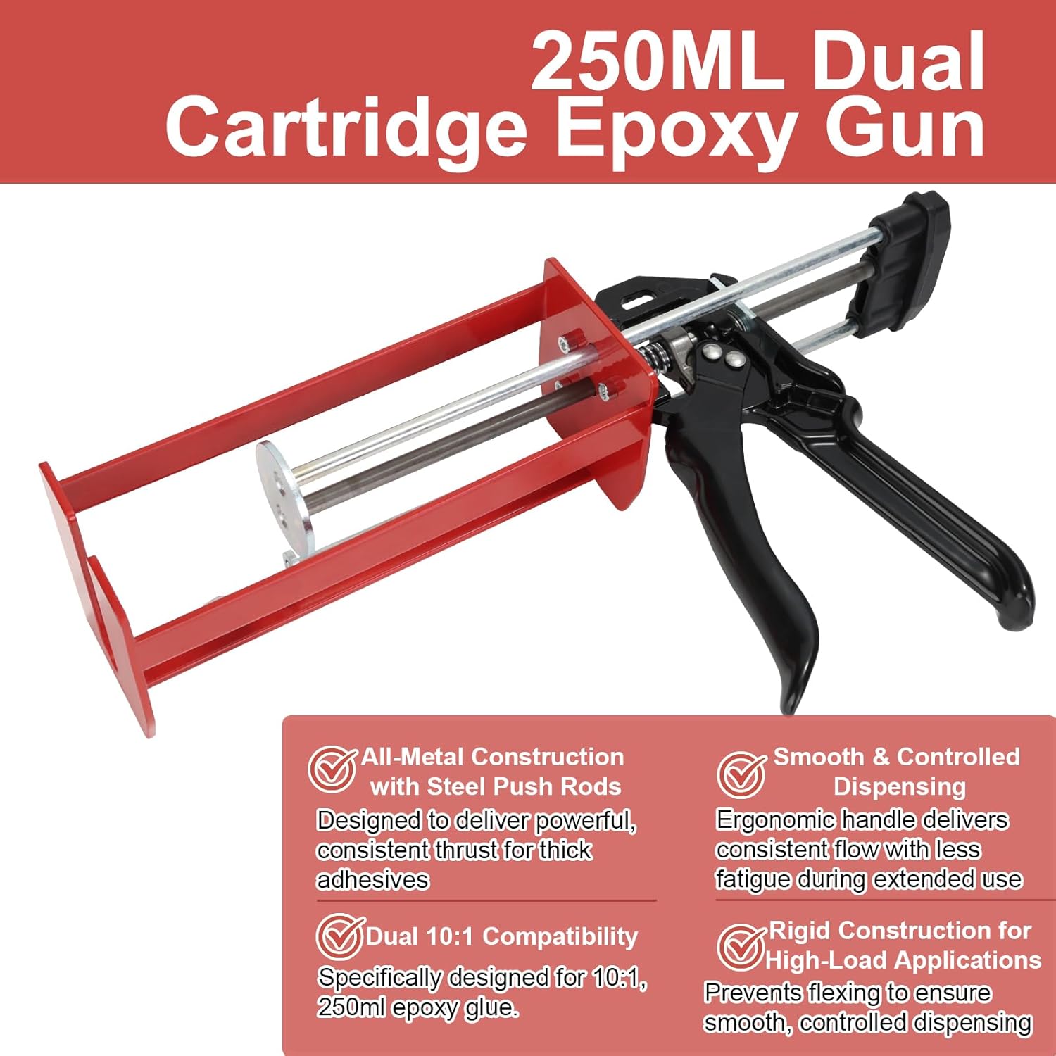 250mL 10:1 Epoxy Gun – Dual Cartridge Adhesive Dispenser for Structural Epoxy, Fabrication & Industrial Repair Applications,8.45 oz