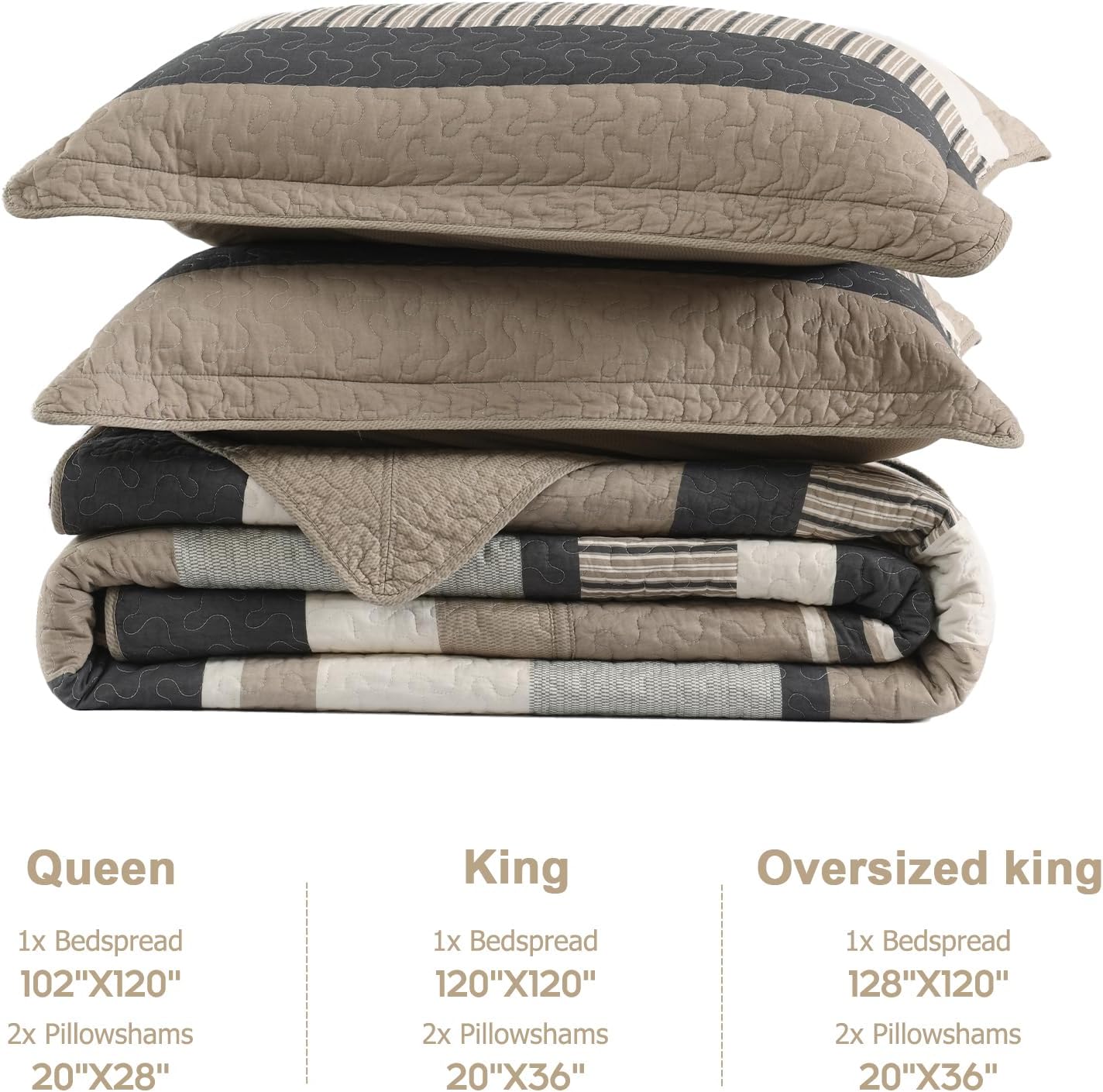 Finlonte Bedspread King Size 100% Cotton Oversized King Size Bedspreads Charcoal Brown Beige California King Quilted Bed Spread Striped Farmhouse Lightweight Soft Bedding Sets for All Season, 3 Piece