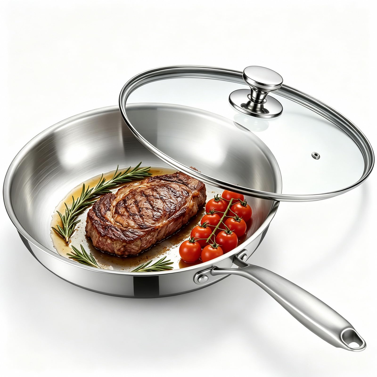 Patelnia ze stali nierdzewnej 30 cm, 30 cm, z ergonomicznym uchwytem i szklaną pokrywką, szybkie nagrzewanie, niepowlekana i nieprzywierająca, nadaje się do wszystkich rodzajów kuchenek