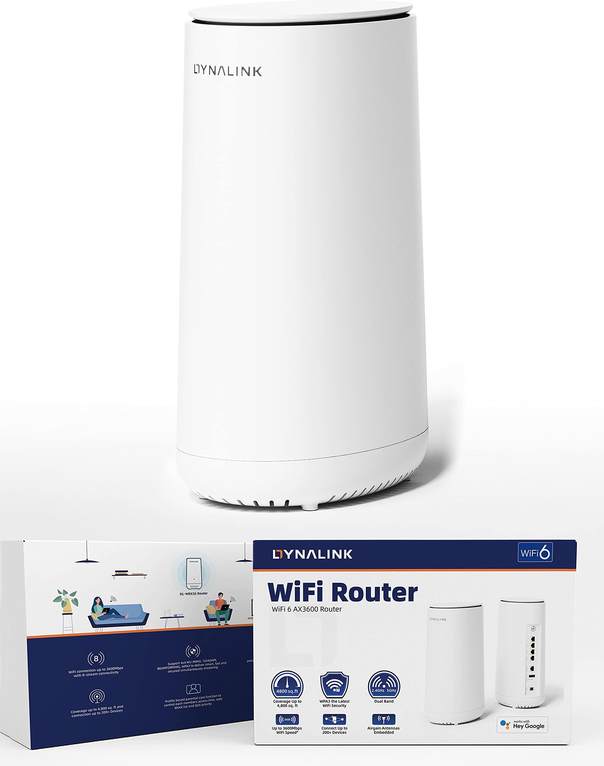 Dynalink WiFi 6 AX3600 Router (DL-WRX36), Dual Band, 8-Stream, Wireless Speed Up to 3.6Gbps, MU-MIMO, 2.5G WAN & 4 Gigabit LAN Ports, for Home & Gaming (1 Pack)