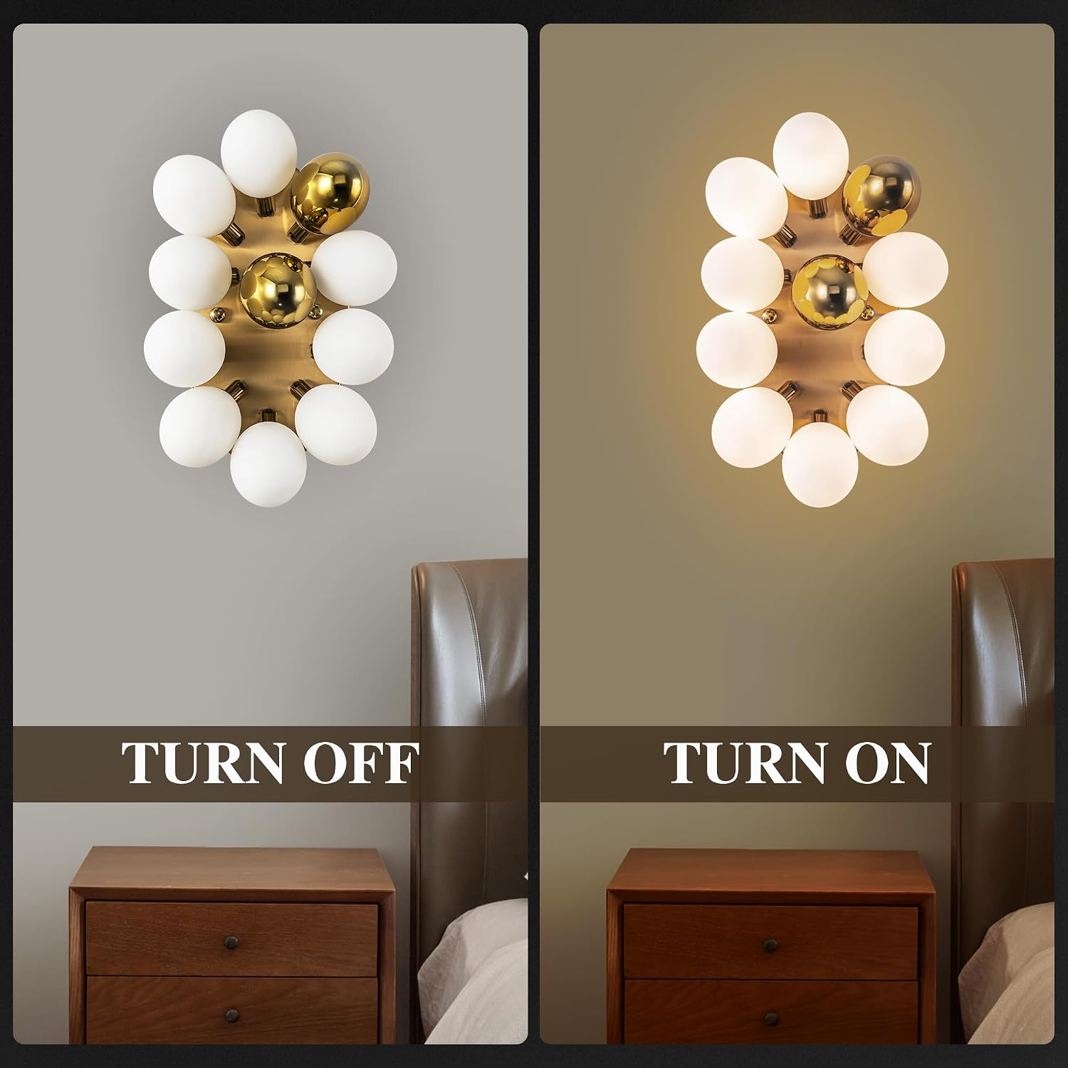 White Gold Globe Wall Sconces, Swing Arm Antique Wall Lamps, 9-Light Glass Globe Flower Wall Lights, Wall Mounted Vanity Light Fixtures with Glass Ball Lampshade for Bedroom Bedside Stairway Mirror