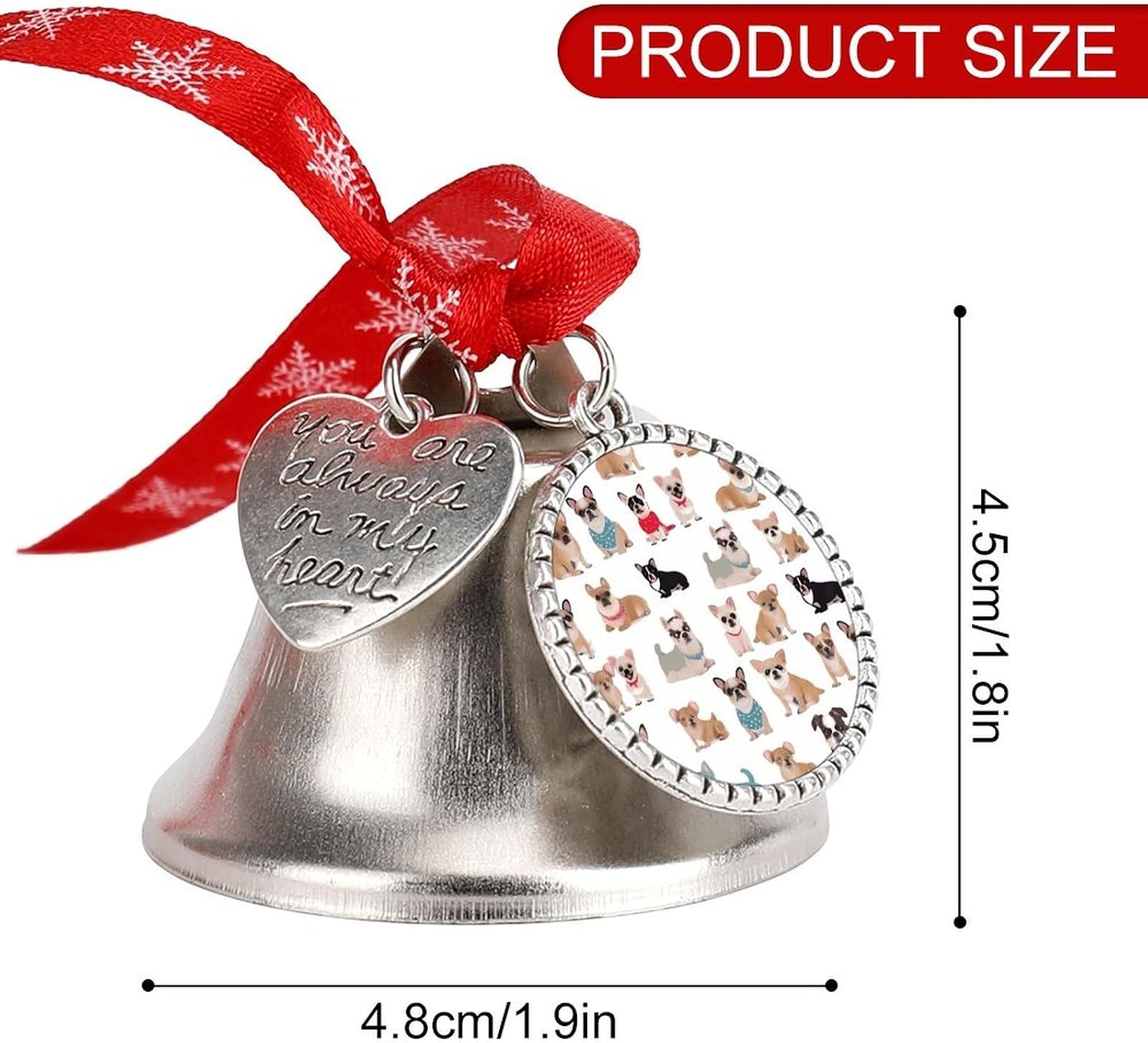 Cute Chihuahua Pug Pattern Bell Ornament Red Ribbon for Christmas Tree Holiday Decoration Personality Believe Bell Ornaments Sleigh Bells for Winter New Year Party Supplies