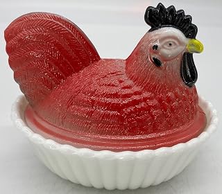 Covered Chicken Dish - 2 Piece Rooster - Westmoreland Glass Mould - Rosso Exclusive - American Made - Mosser Glass USA (Red Handpainted)