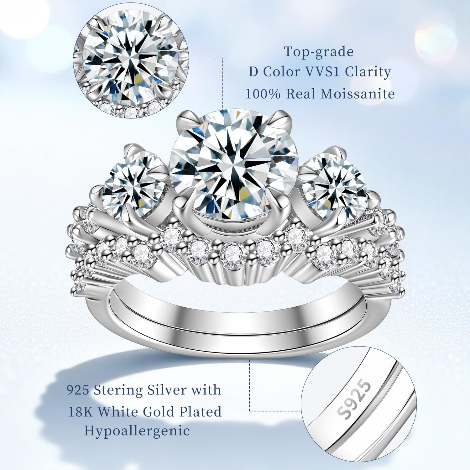 Total 4.2cttw(2.5CT Center Stone) 3 Stone Moissanite Wedding Bridal Rings Set for Women, 925 Sterling Silver, Round Cut D Color VVS1, Engagement Anniversary Promise Rings with Certificate