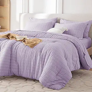 MUXHOMO 7 Pieces Full Comforter Set, Seersucker Bed in a Bag Full Size, All Season Luxury Bedding Set with Comforter, Flat Sheet, Fitted Sheet, Pillowcases & Shams, Lavender
