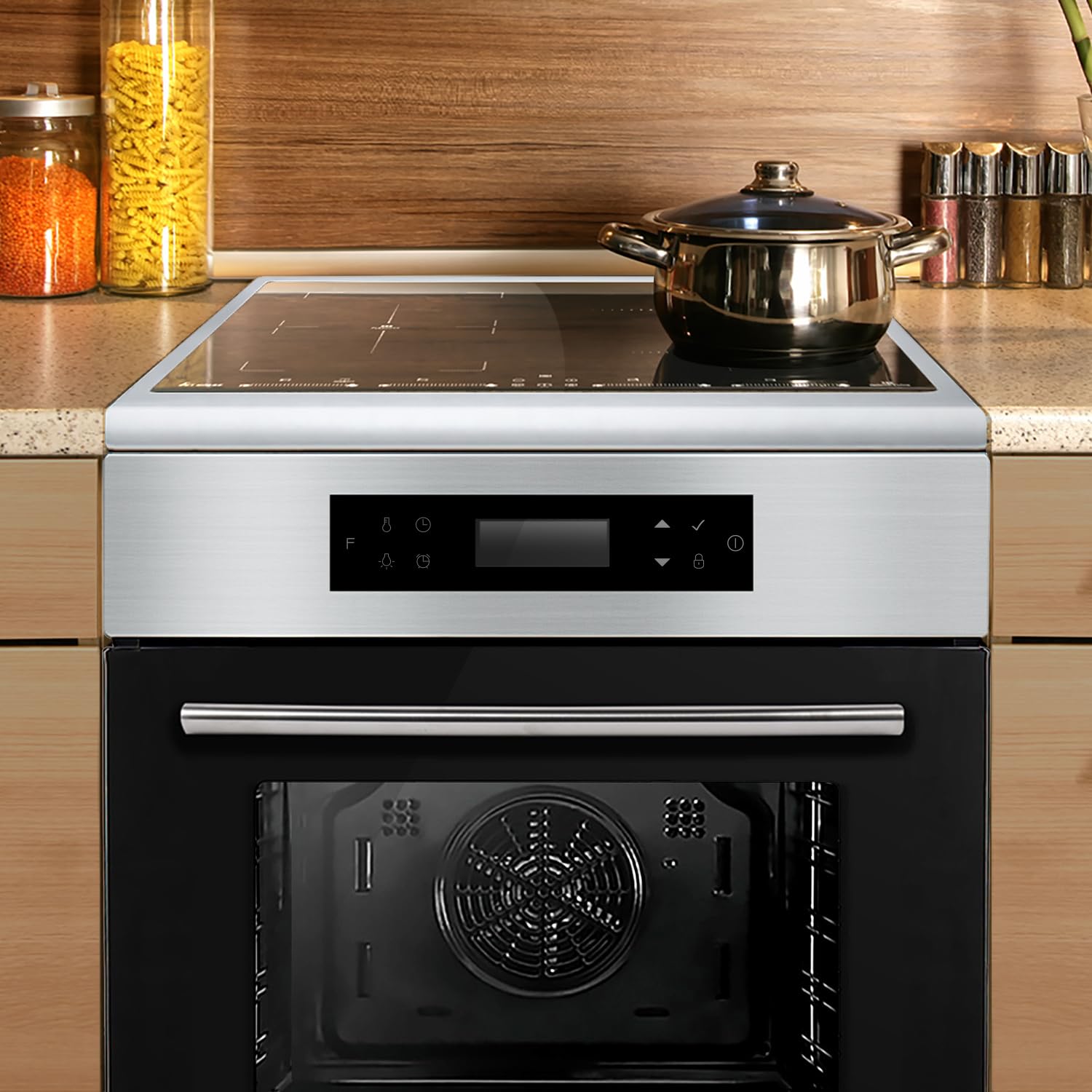 Freestanding cooker set 60 cm built-in oven 58 cm induction hob zones flex heat rotating automatic timer glass thermal insulation child safety touch control SH6313IND