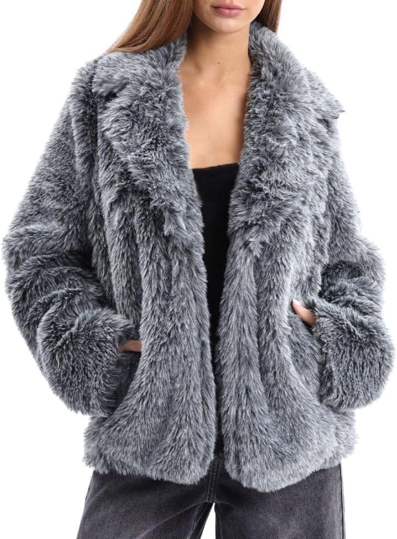 Amazhiyu Women's Faux Fur Lapel Coat Open Front Fluffy Jackets Winter Overcoat - Image 3