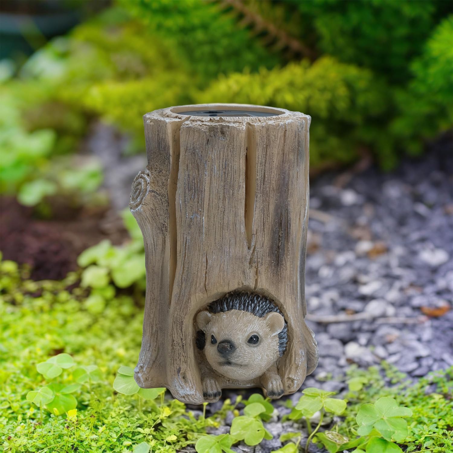 Landoraloria Solar Powered Waterproof Tree Stump Hedgehog Garden Statue with LED Light, Outdoor Decorative Resin Figurine