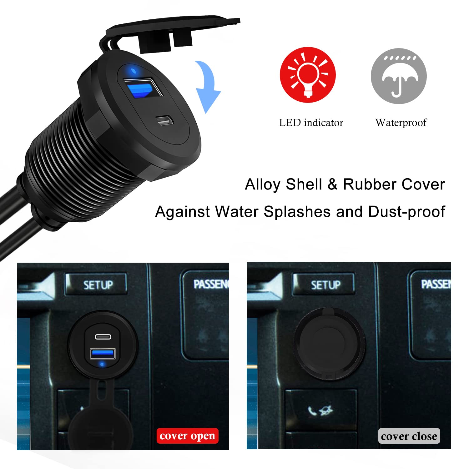 Type C 3.1 & USB 3.0 USB Port Male to Female Car Flush Mount Cable, Alloy Shell Dashboard Panel Extension Cable for Car Boat Motorcycle 3ft ZNKG Type C 3.1 + USB 3.0