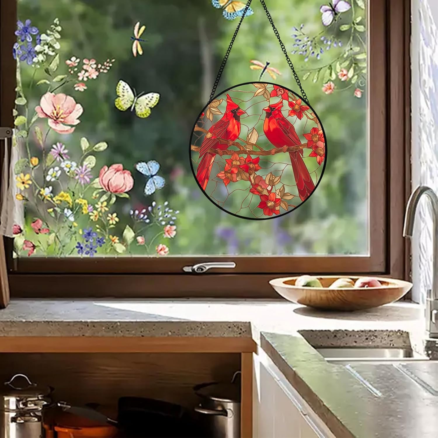 Stained Glass Style Cardinal Suncatcher, 7.87 Inch (20cm) Round Real Glass Window Hanging with Gift Box and Chain, Bird Decor Gift - Image 5