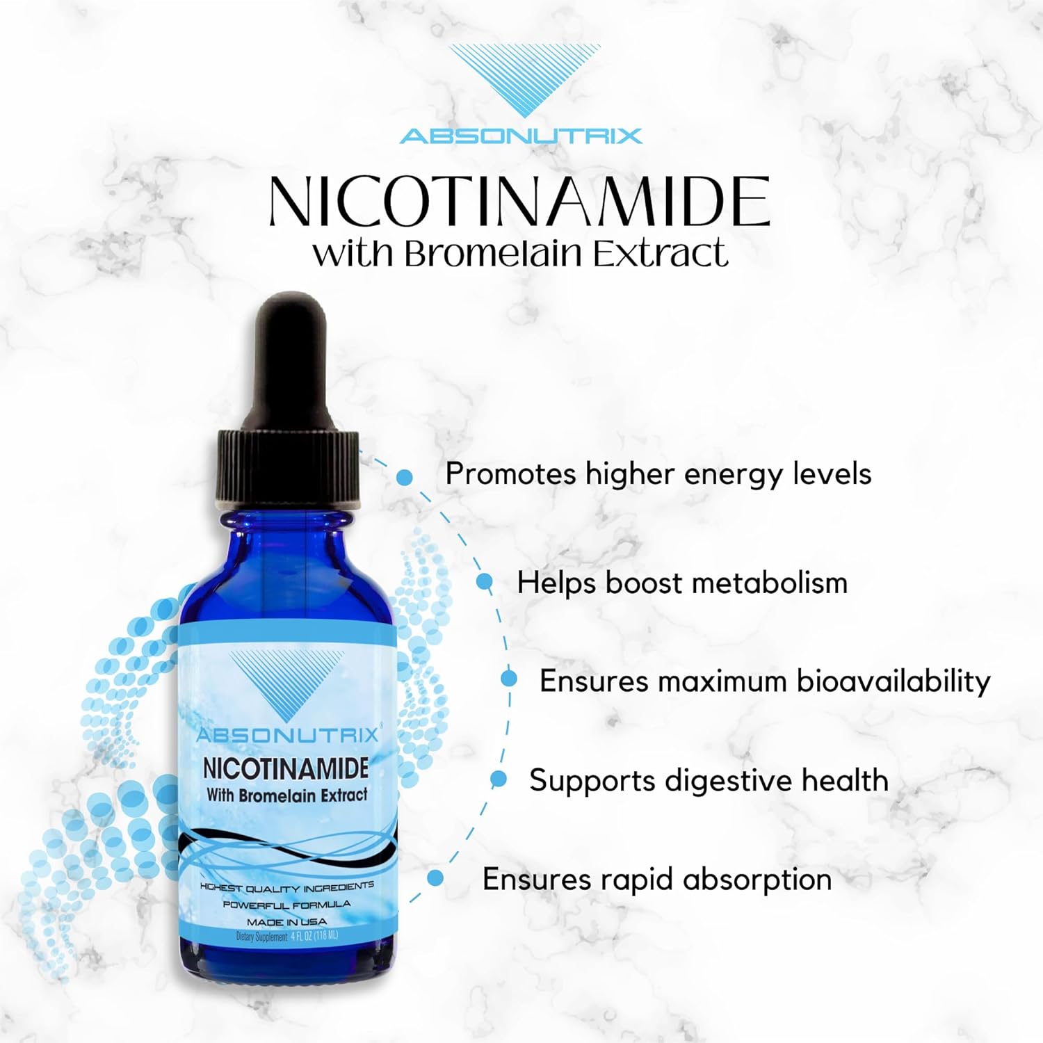 Absonutrix Nicotinamide with Bromelain Extract Advanced Formula 390 mg, 4 Oz Liquid, 302 Servings, Made in USA, Quick Absorption, Quality Potent Ingredients, Non-GMO, GMP Certified Facility