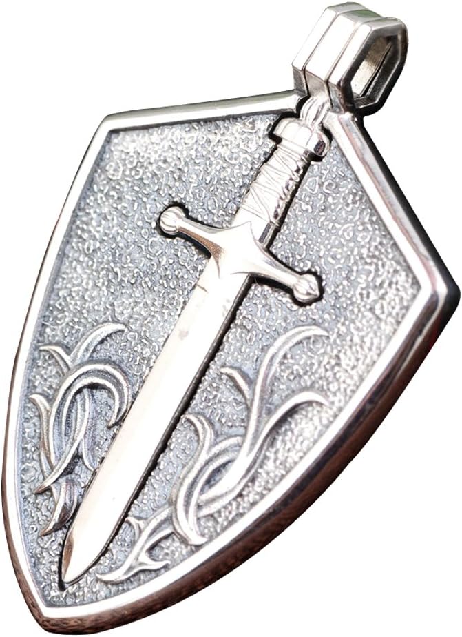 Solid 925 Sterling Silver Medieval Sword Shield Pendant Vintage Punk Jewelry for Men