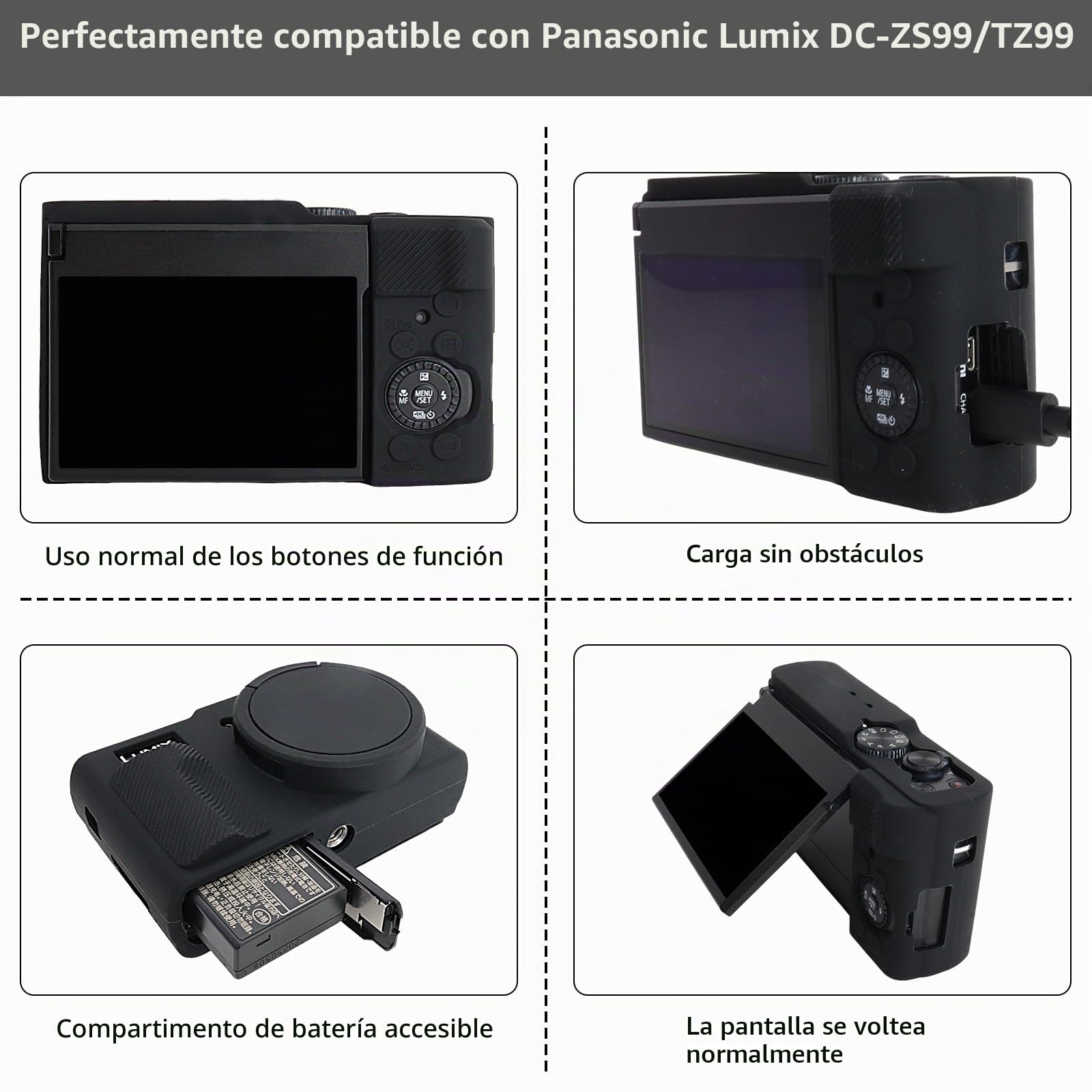 Rieibi Funda de Silicona para Cámara Panasonic Lumix ZS99/TZ99, Accesorios para Panasonic Lumix ZS99/TZ99 Funda Incluyendo 2 Piezas de Protector de Pantalla, Tapa de Lente Desmontable, Negro