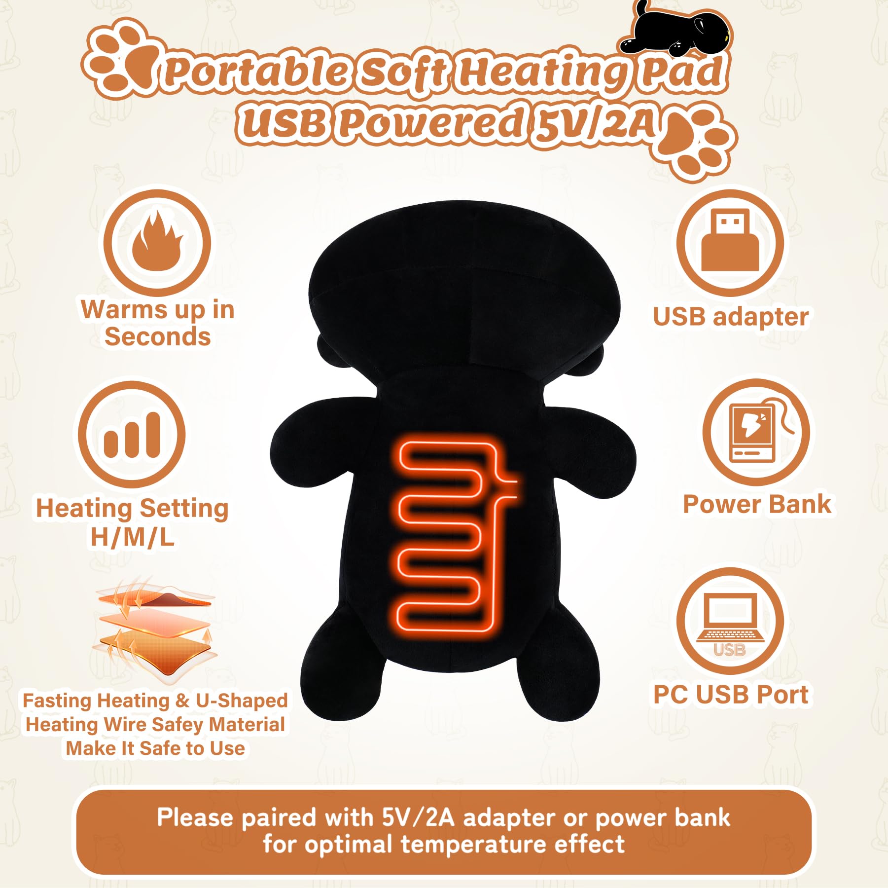 Cuscino termico elettrico a forma di gatto, in peluche, alimentato tramite USB, portatile, per alleviare il dolore mestruale, collo, spalle, schiena, a forma di animale, cuscino riscaldato, idea