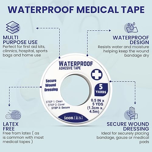 Miniatura 3 de Iconikal Paquete de 4 cintas adhesivas impermeables de primeros auxilios, 0.5 pulgadas x 5 yardas, color blanco para envoltura de gasa para el