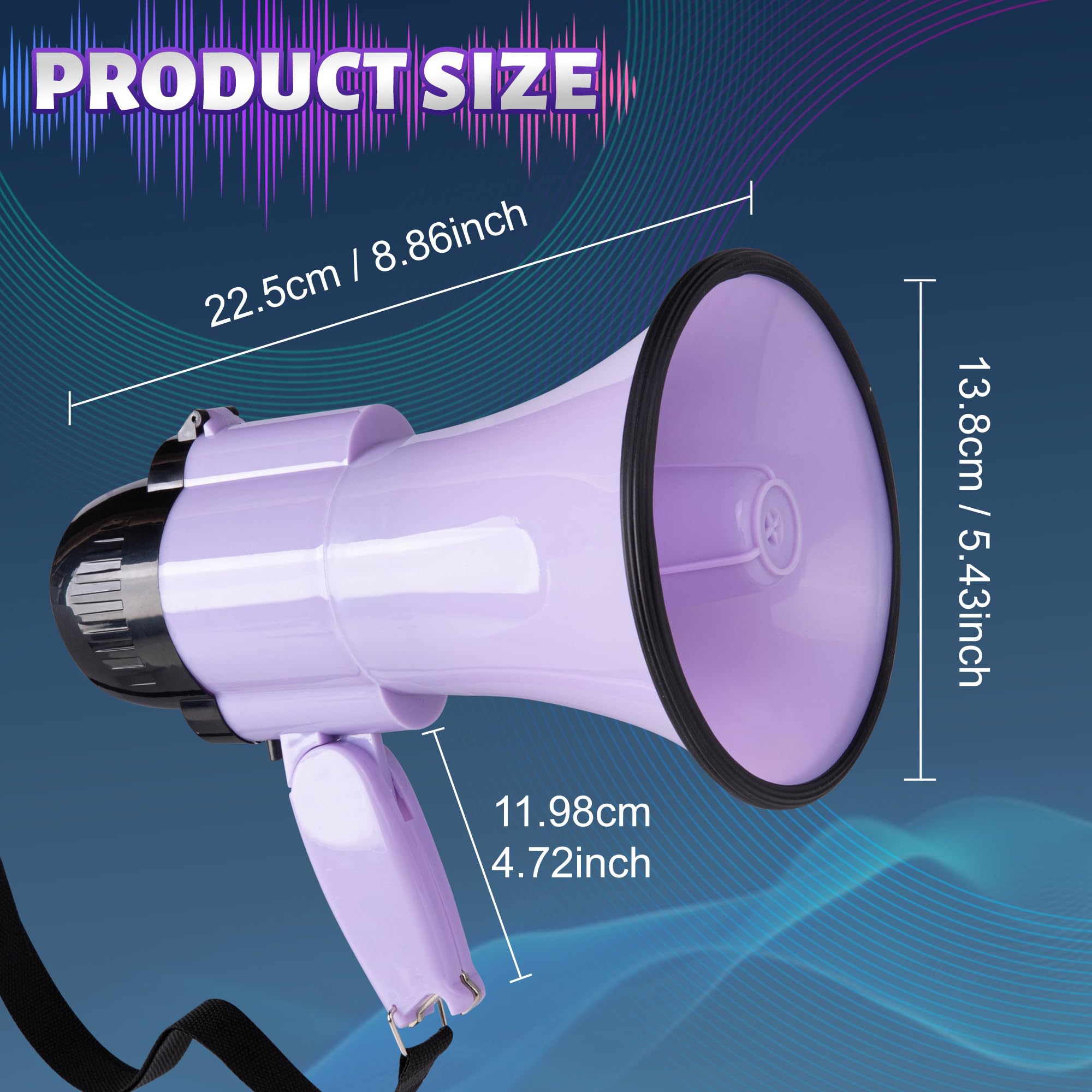 Przenośny głośnik Megafon Bullhorn o mocy 30 W, syrena/alarm, nagrywanie w 240 sekundach, z regulacją głośności i paskiem (fioletowy)