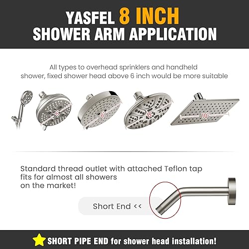 Miniatura 3 de YASFEL Brazo de ducha de 8 pulgadas para montar en la pared, moderno, tubo de extensión de ducha con brida y cinta de teflón para cabezal de ducha y