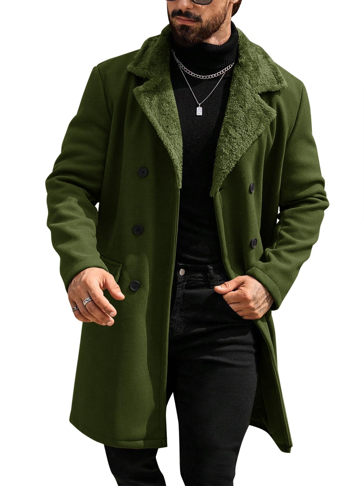 Runcati Mens Trench Coat Fleece Jacket Fall Winter Fuzzy Pea Coats Overcoat | Double Breasted, Slim Fit, Warm, Notched Collar