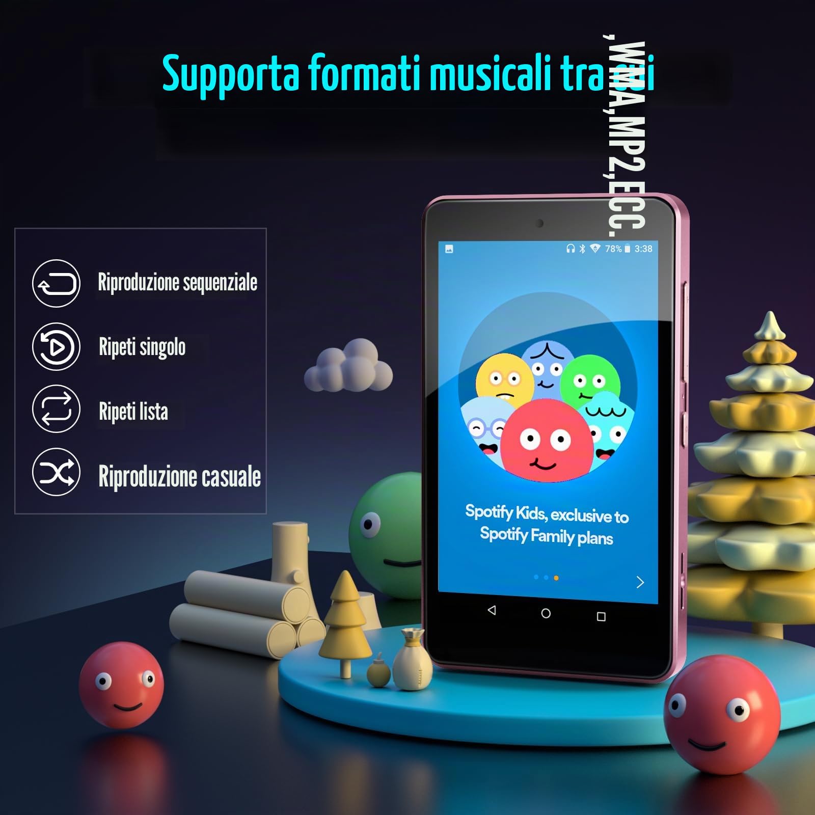Lettore MP3 per bambini con Spotify, controlli parentali, Spotify Kids, Audible, Amazon Music, Libby, lettore musicale per bambini IPS da 4,0" fino a 512 GB (rosa chiaro)
