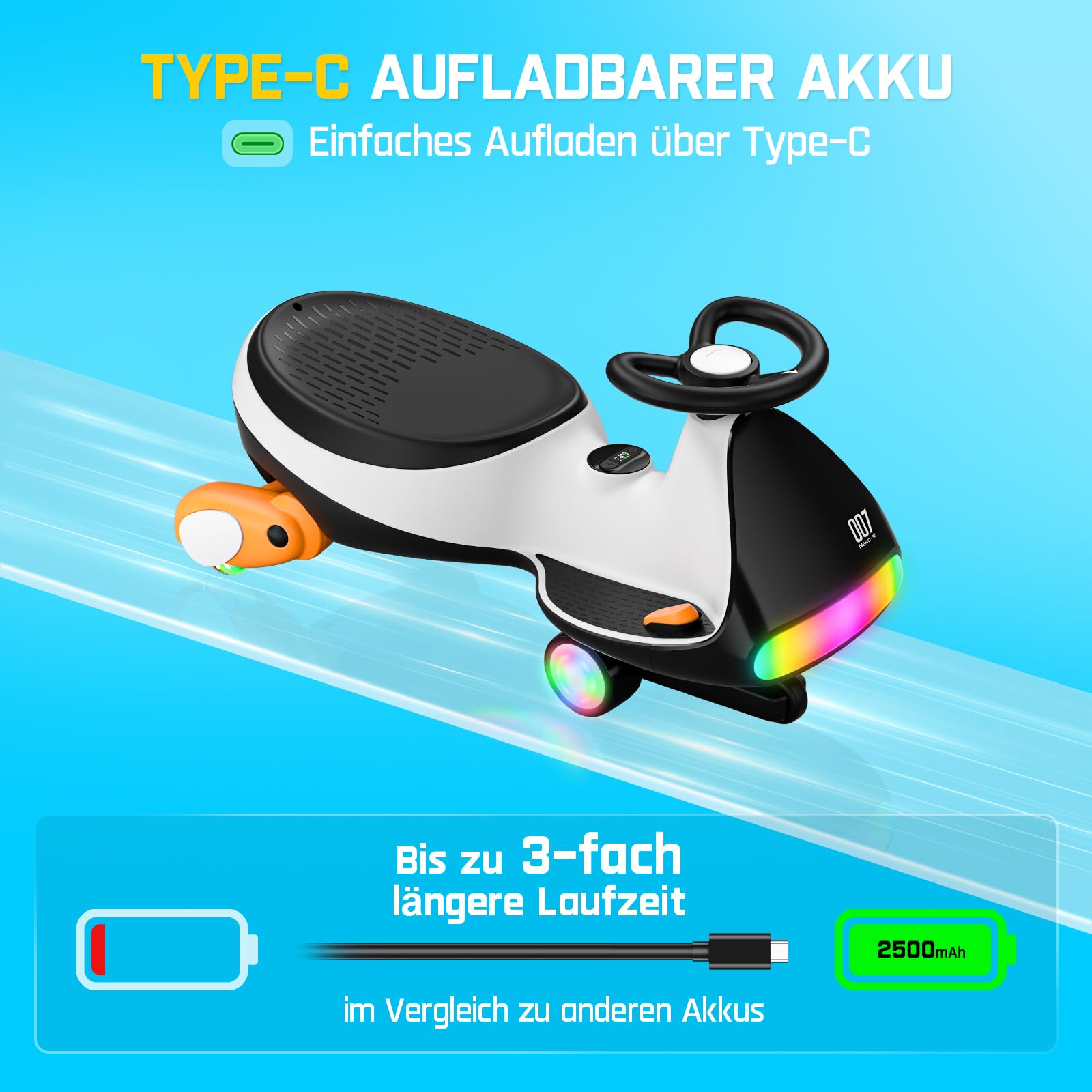 FanttikRide N7 Ultra Elektrisches Wackelauto mit wiederaufladbarem Typ-C-Akku, Ultraleise, 2 Geschwindigkeiten bis maximal 6 km/h, 9 Farbmodi, Digitalanzeige, für Kinder ab 3 Jahren, Pinguin Schwarz