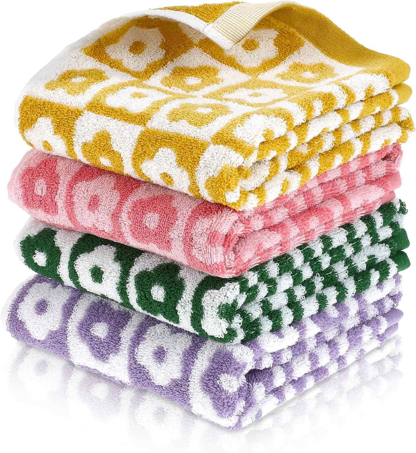 4 Pcs Checkered Hand Towels, Cute Cotton Bath Towels Soft Absorbent Floral Hand Towels for Bathroom, Colorful Patterned Face Towels for Bath Spa Gym Kitchen 13” x 29”